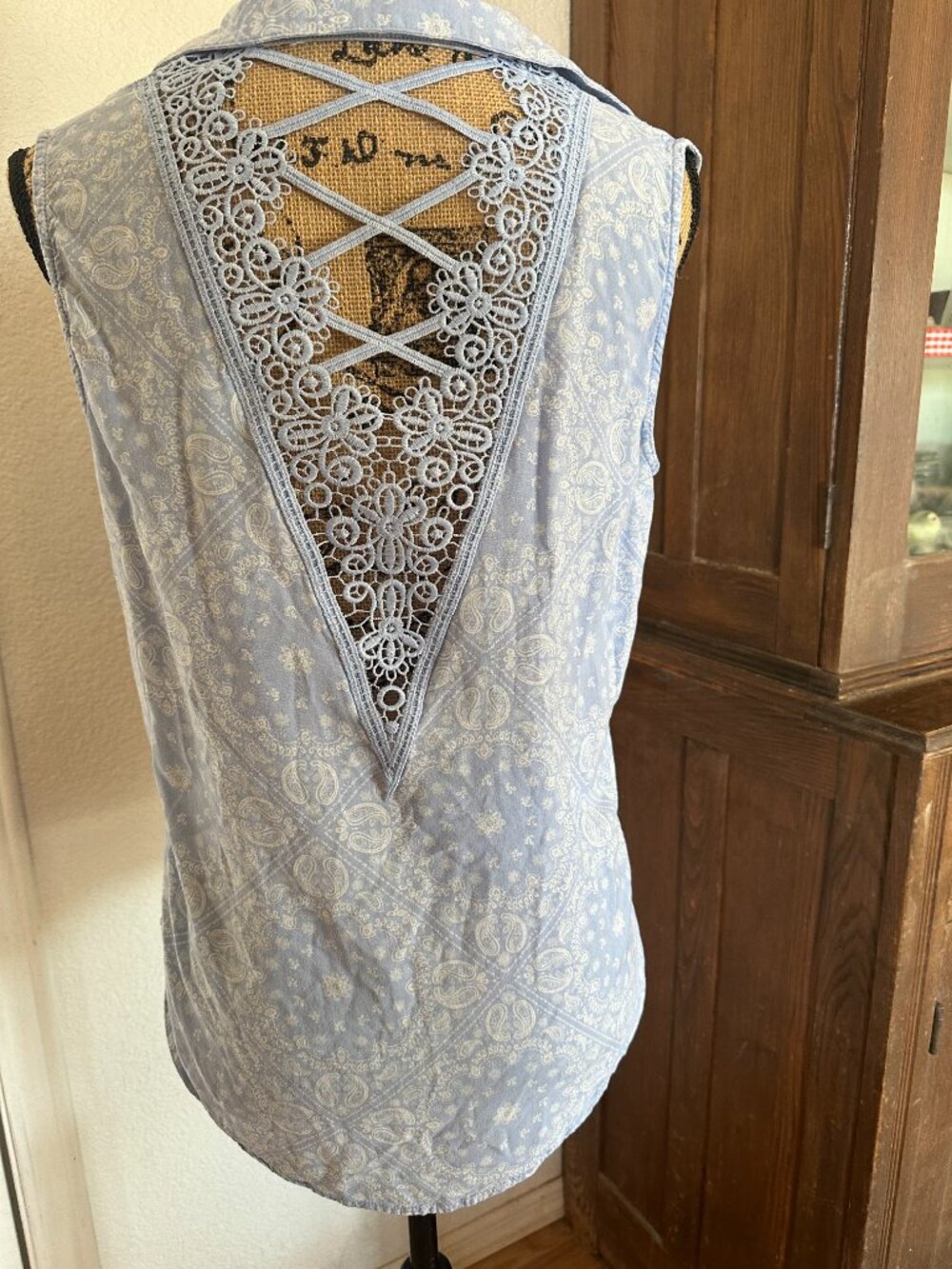 Boutique Style No Tag Blue Sleeveless Button Front Blouse L Cutout Lacy Back - Picture 2 of 3